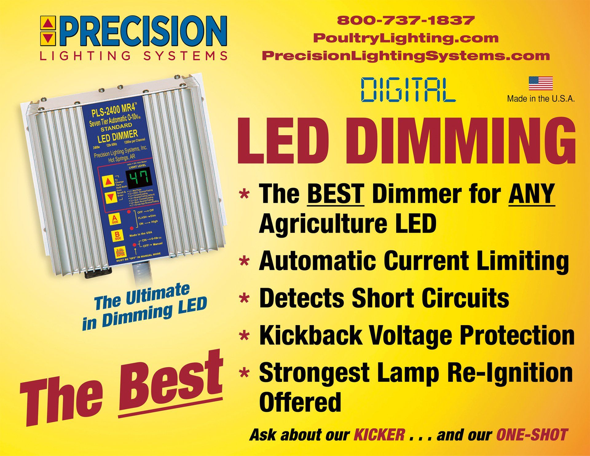 An advertisement for digital led dimming by precision lighting systems