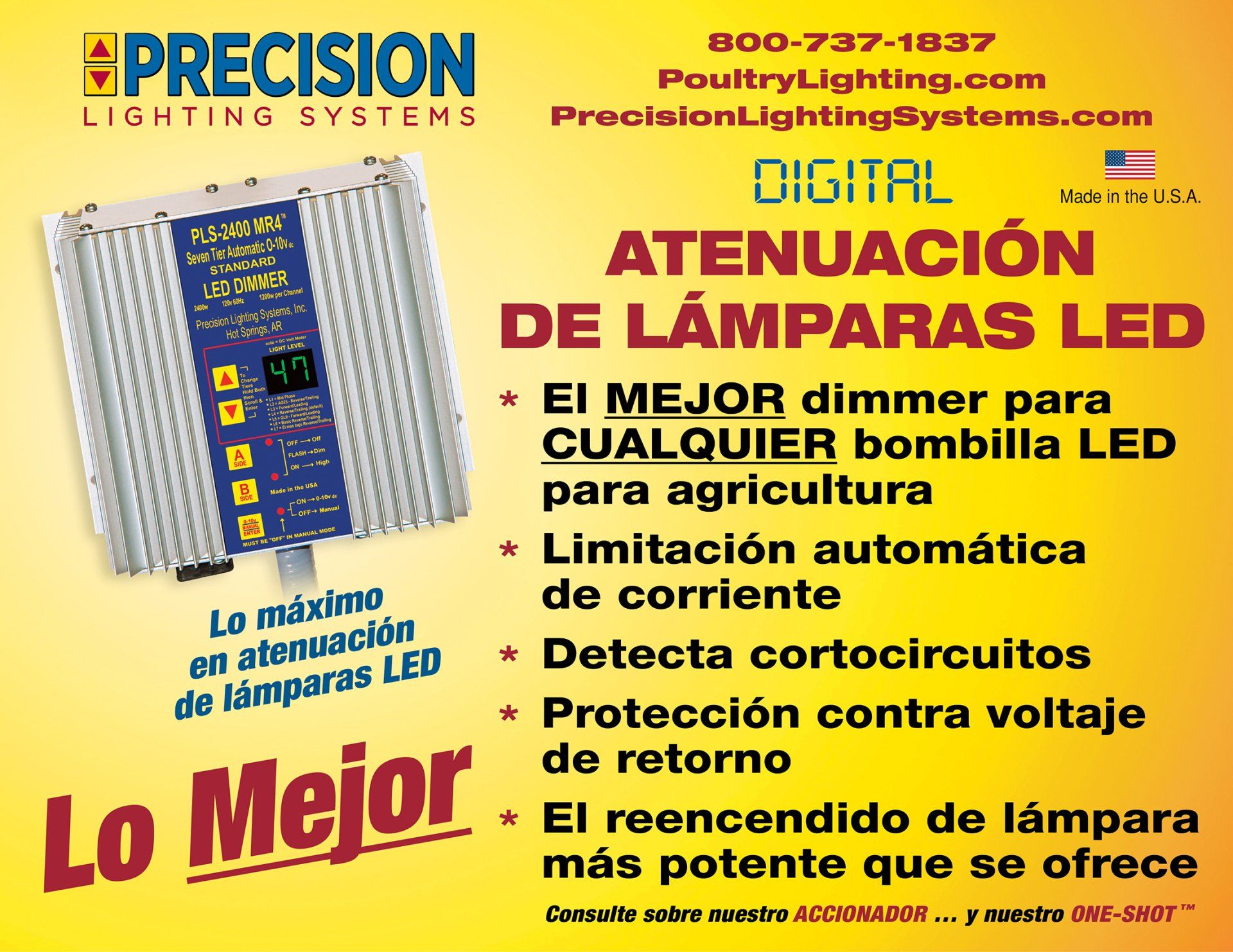An advertisement for precision lighting systems in spanish