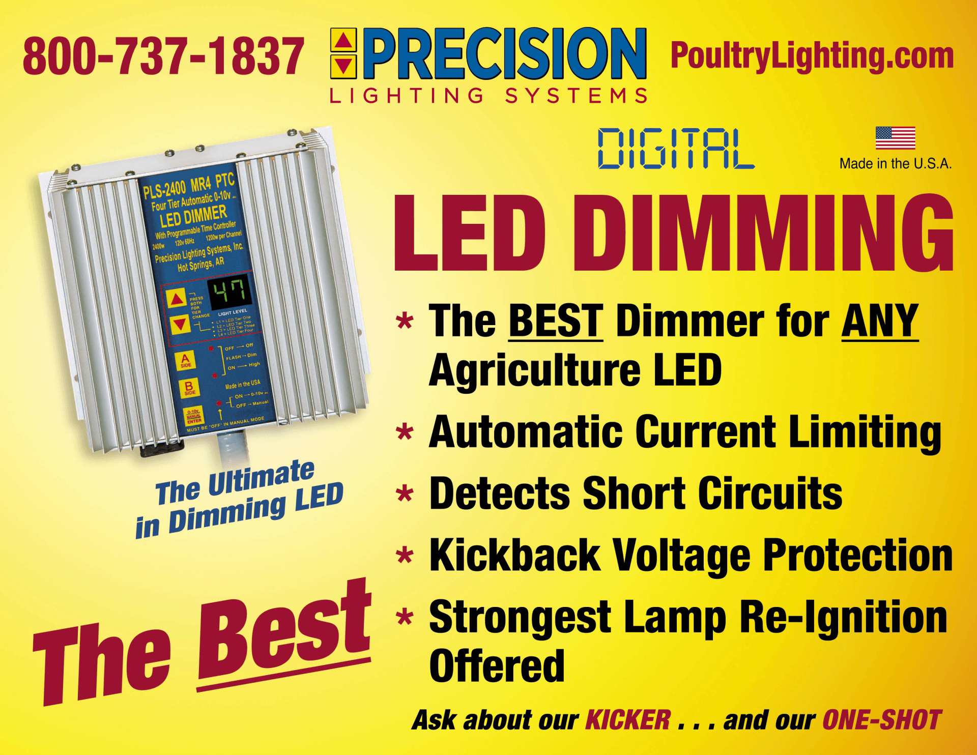 An advertisement for precision poultry lighting shows the best dimmer for any agriculture led