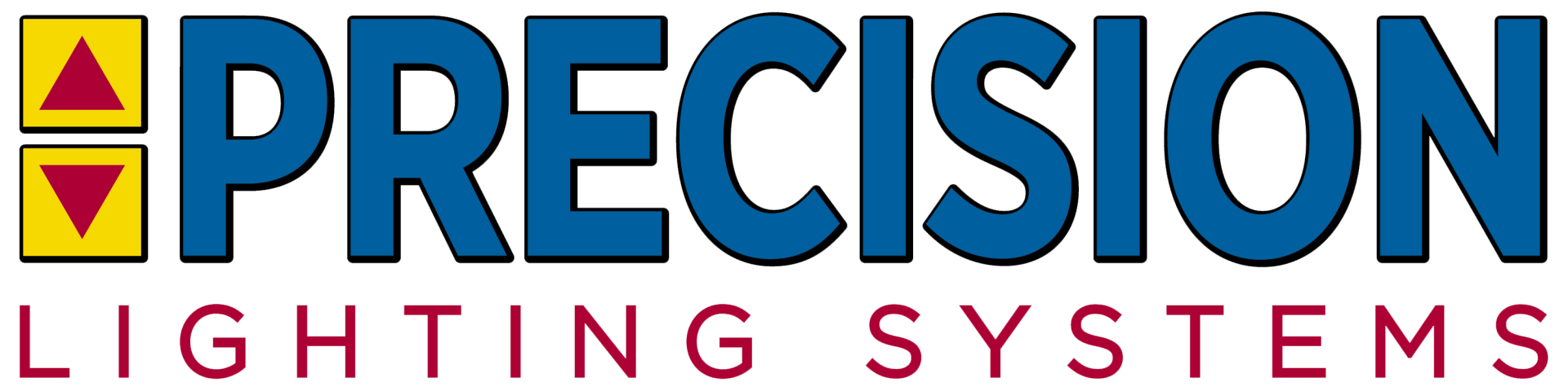 A blue and yellow logo for precision lighting systems