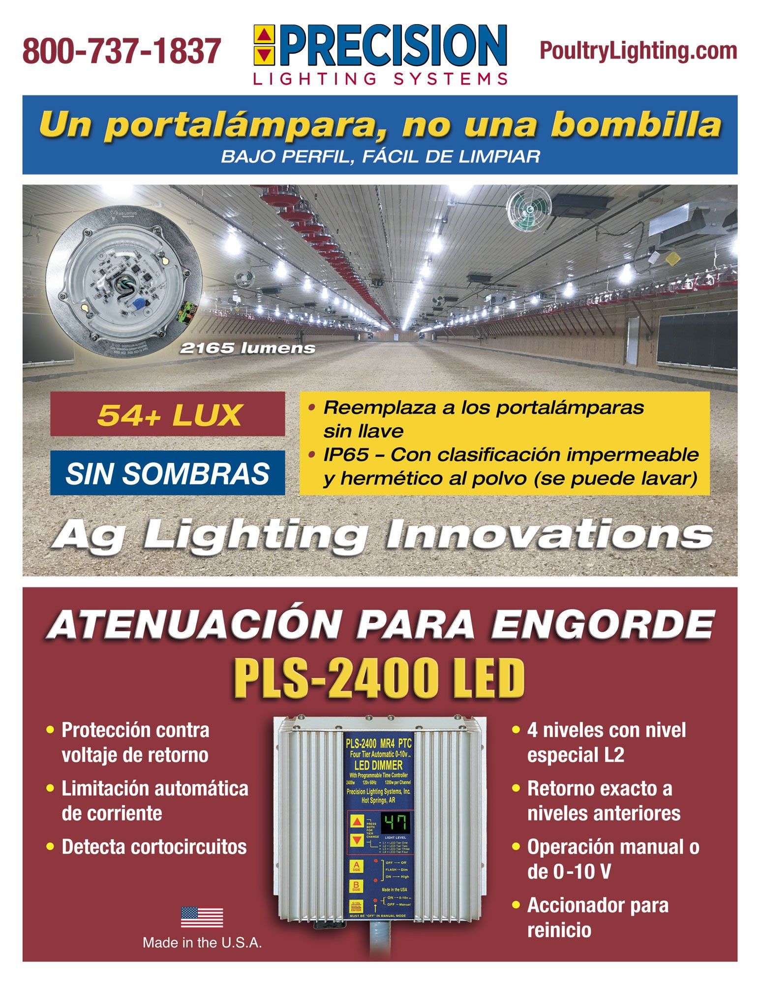An advertisement for precision lighting systems in spanish
