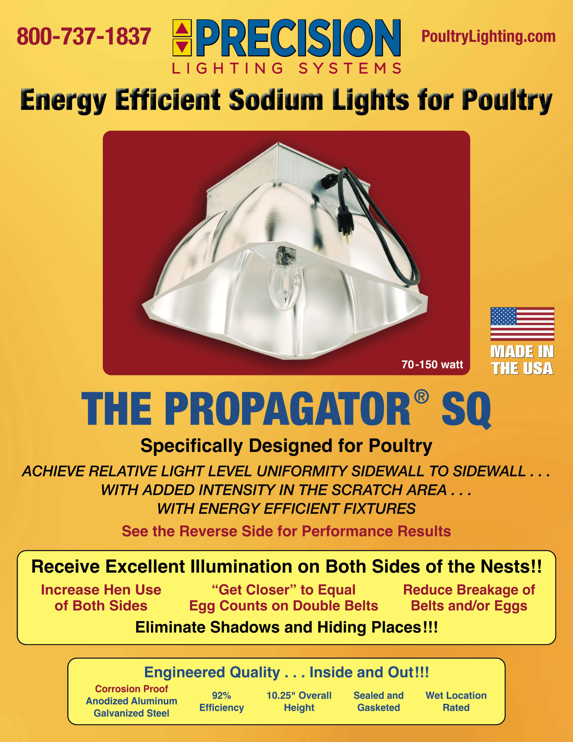 An advertisement for precision lighting systems energy efficient sodium lights for poultry