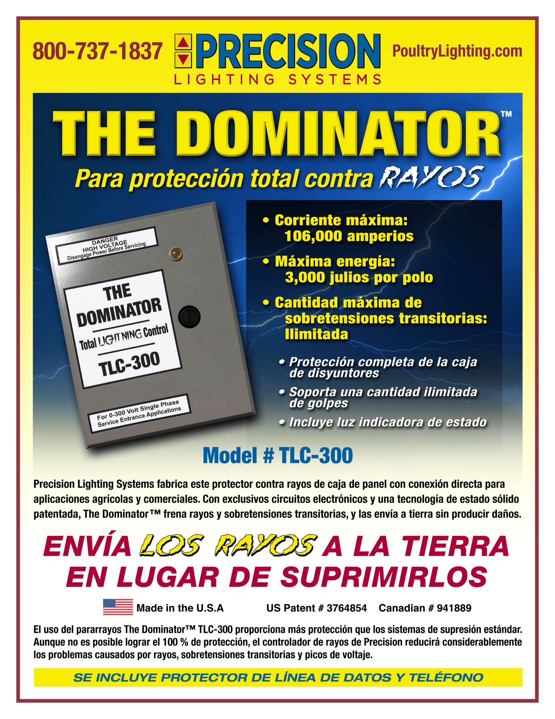 An advertisement for the dominator lightning protection system in spanish.
