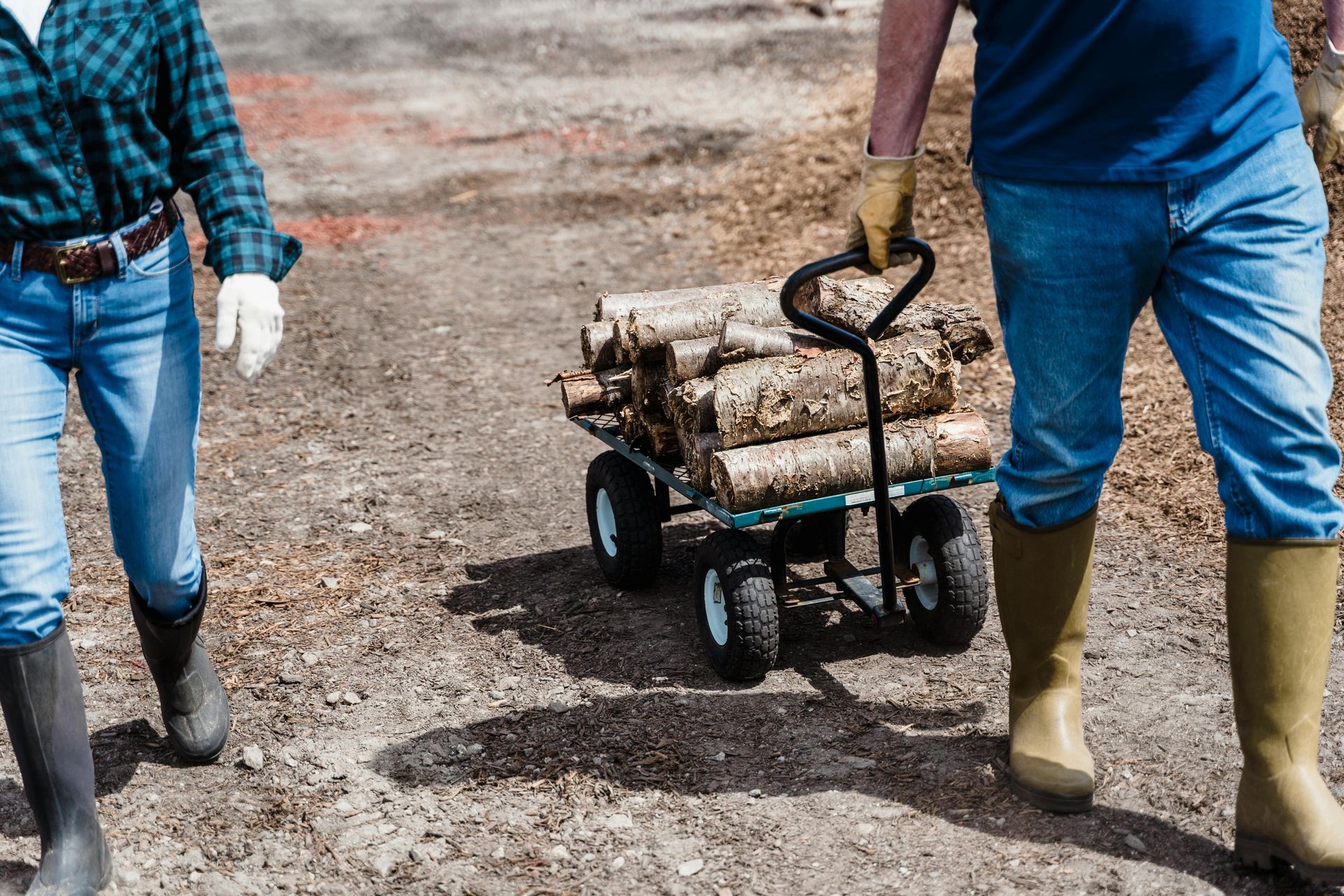 A man is pushing a cart filled with logs down a dirt road.