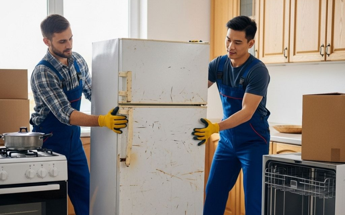 Two movers lifting a white refrigerator in a kitchen with cardboard boxes.