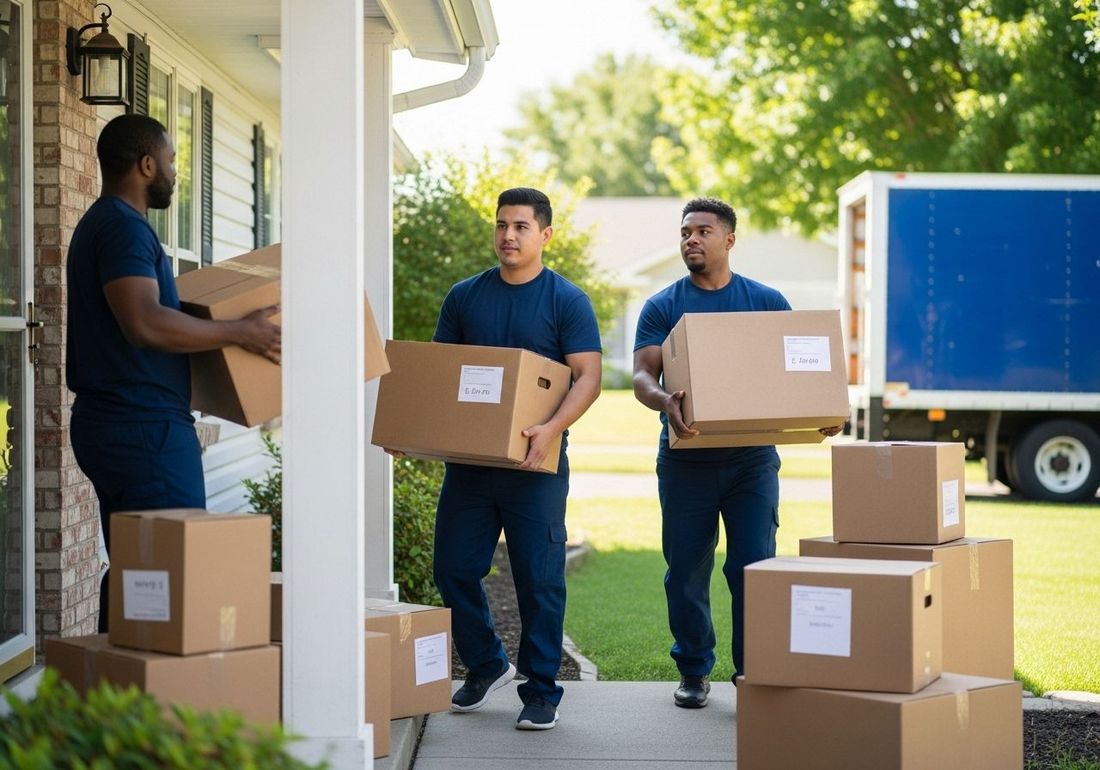 Three movers carrying boxes out of a house, loading a truck on the lawn.