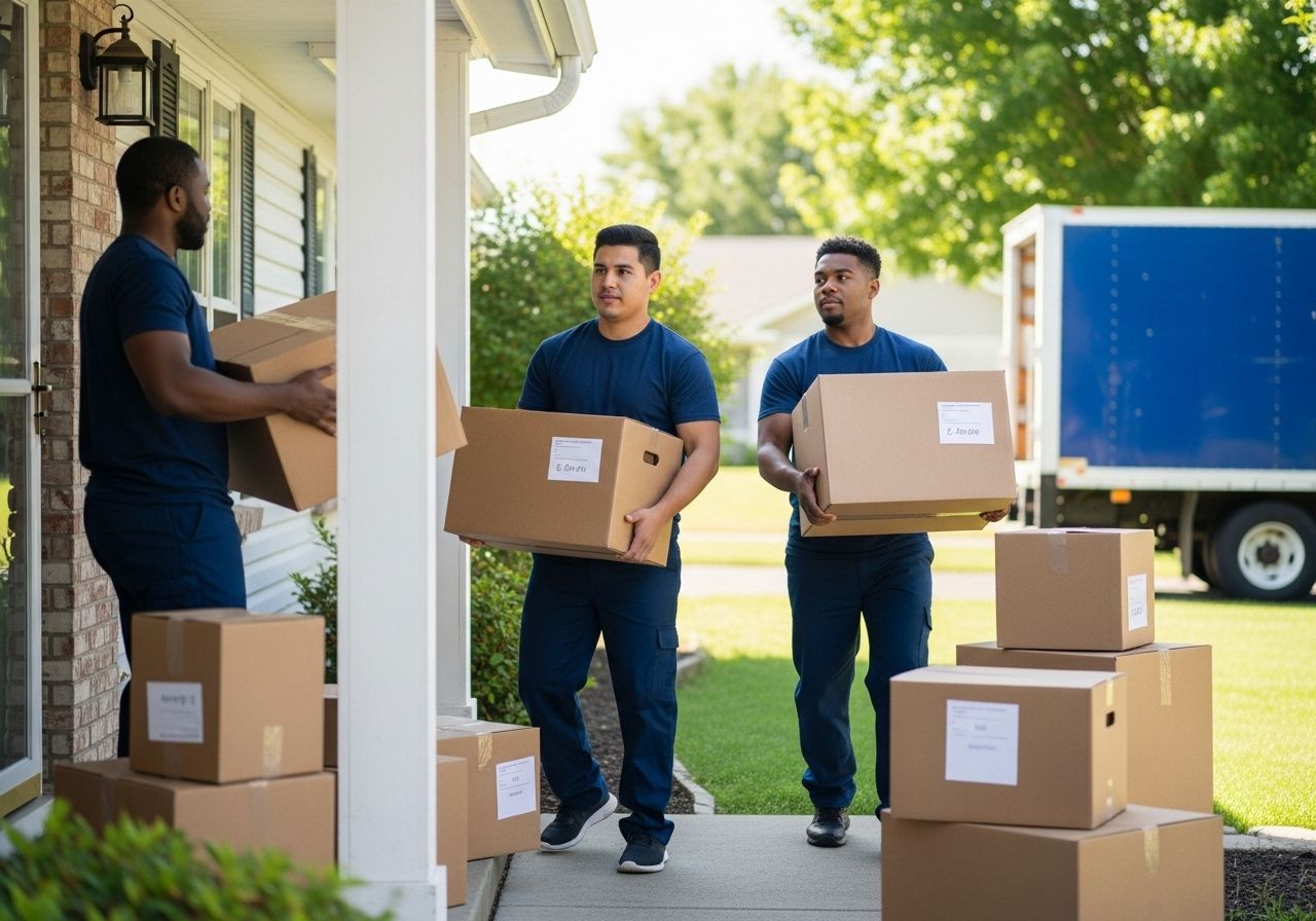 Three movers carrying boxes out of a house, loading a truck on the lawn.