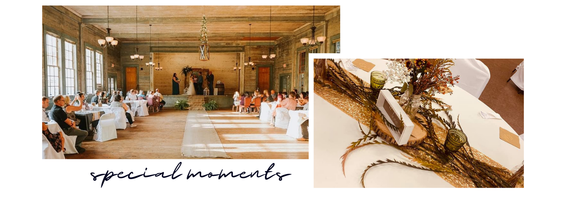 Elegant event hall with floral decor and table settings beside a close-up of a decorated dessert table