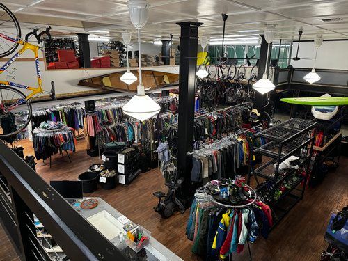 An aerial view of a clothing store filled with lots of clothes.
