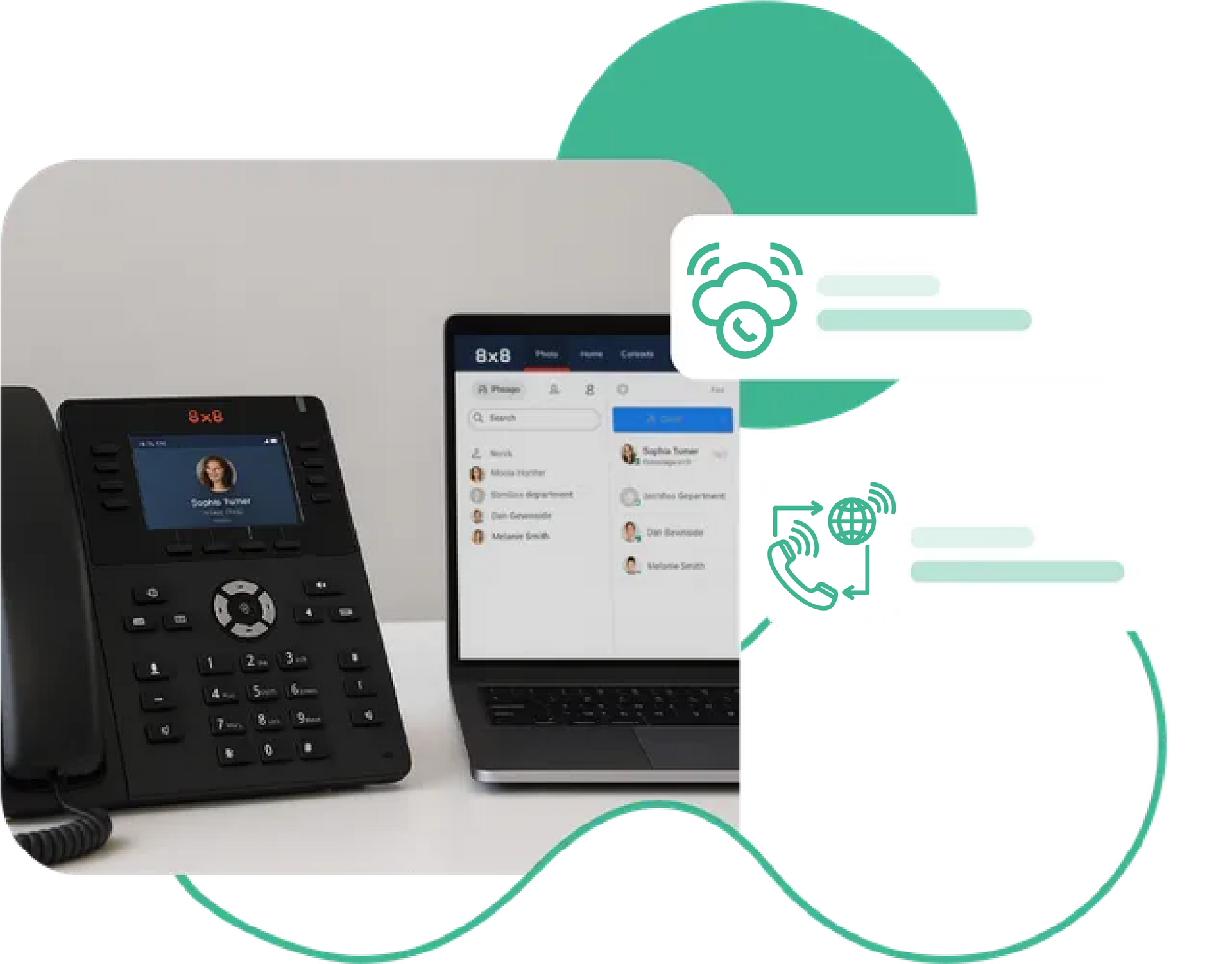 VoIP phone, laptop, and graphics illustrating cloud communication, in a modern office setting.