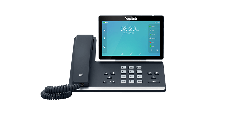 A Yealink IP phone with a touchscreen display showing a clock and a dial pad.