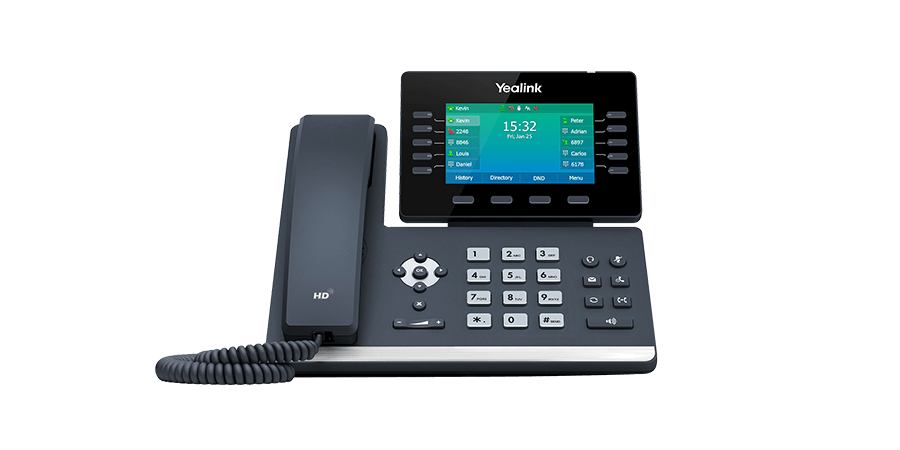 A dark gray, modern desk phone with a large screen, handset, and buttons, angled slightly towards the viewer.