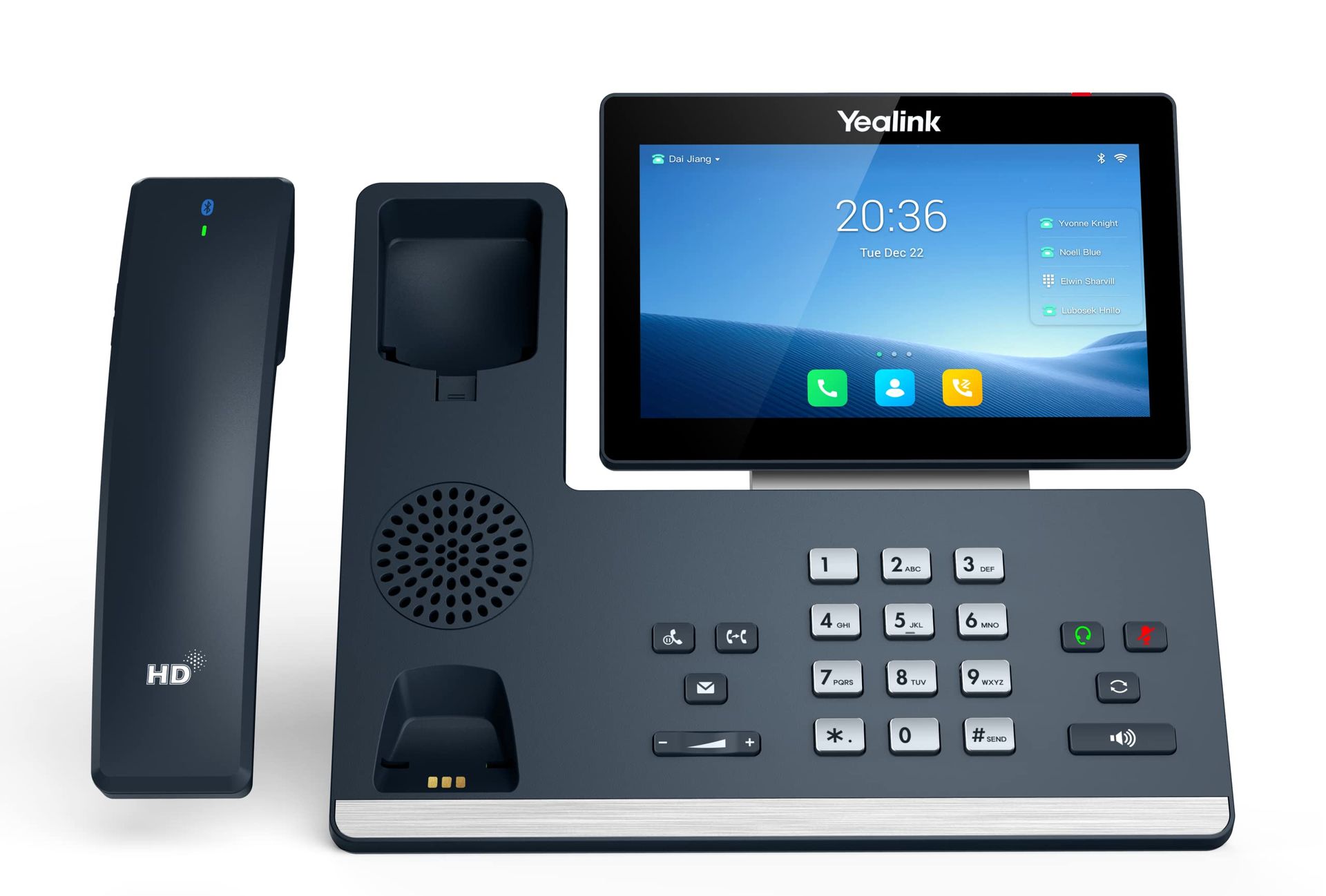 Yealink IP phone with a large touchscreen display, handset, and keypad.