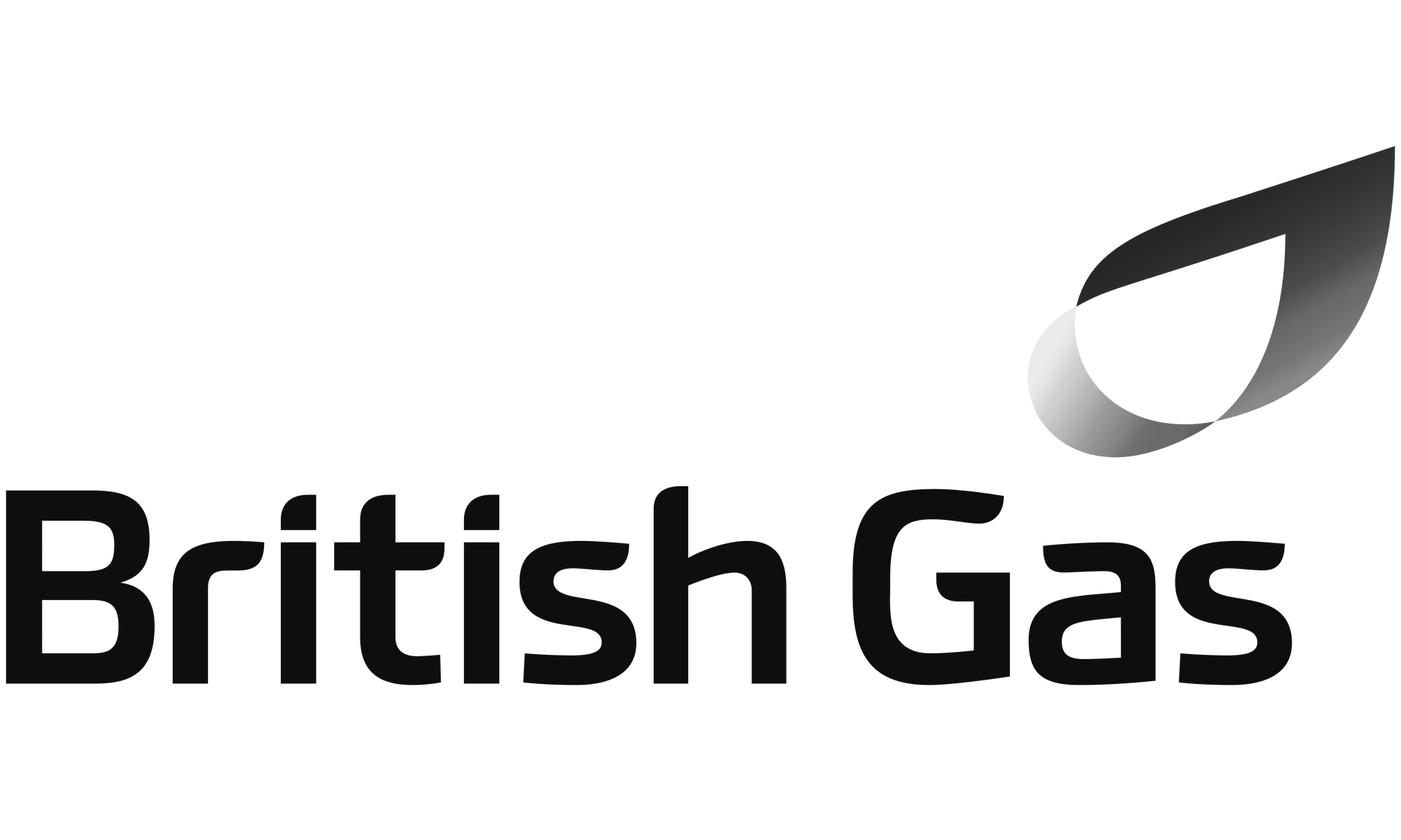 British Gas logo: black text with a stylized, flame-like graphic in shades of gray.