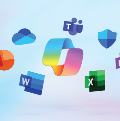 Microsoft Office logo surrounded by app icons against a gradient background.