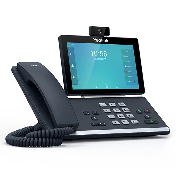 Yealink desk phone with touch screen display, camera, handset. Dark blue color.