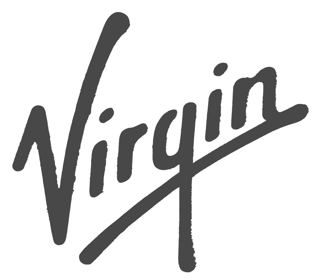 Virgin logo in handwritten style, gray letters.