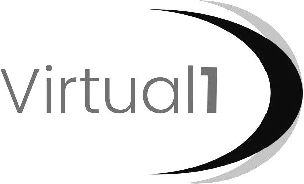 "Virtual1" logo with a crescent design on the right in black and light gray.