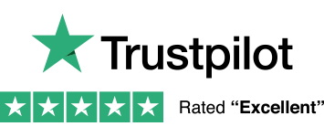 Trustpilot logo with a green star, five-star rating, and 