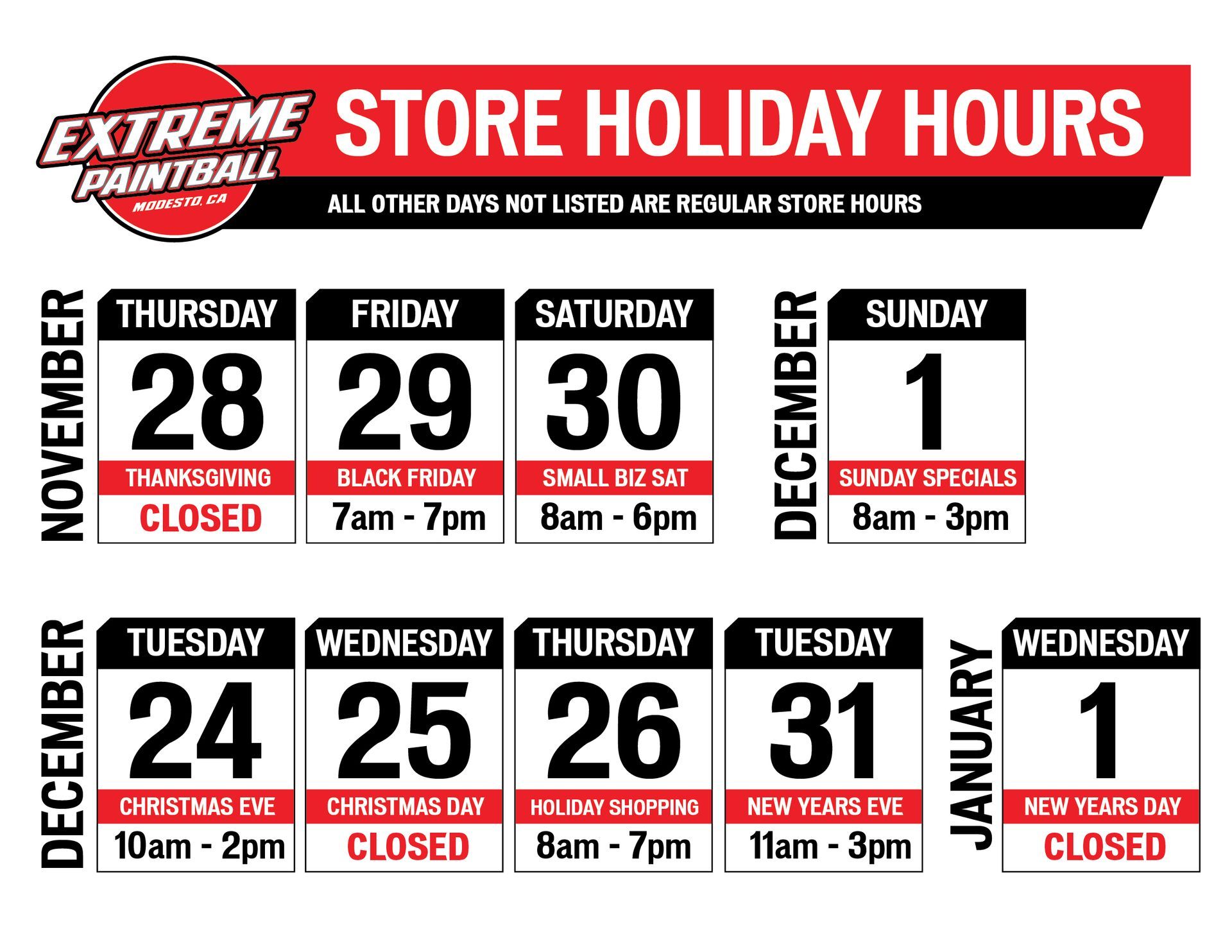 Extreme Paintball Store Holiday Hours 2023