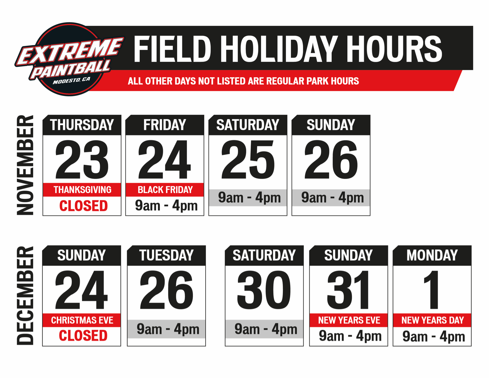 Extreme Park Holiday Hours 2023