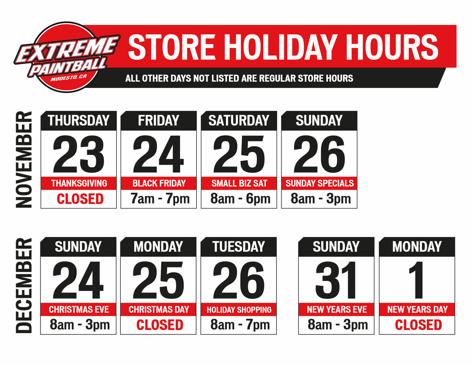 Extreme Paintball Store Holiday Hours 2023