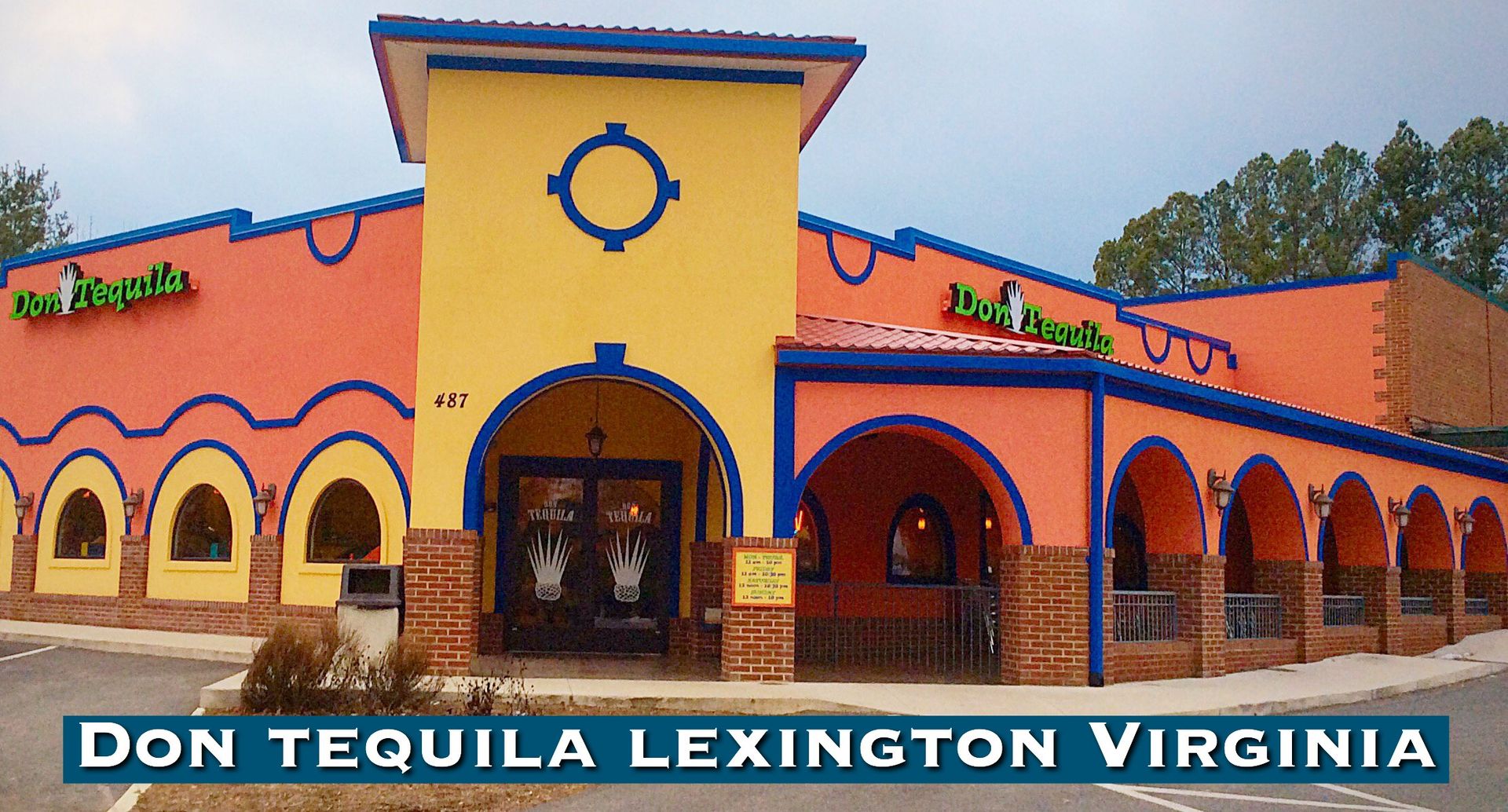 Don Tequila Restaurant in Lexington, Virginia: Orange and yellow stucco building with blue trim.