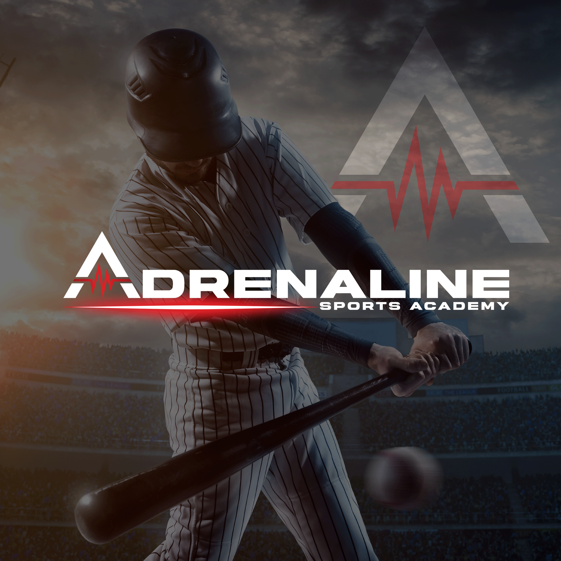An ad for adrenaline sports academy shows a baseball player swinging a bat.