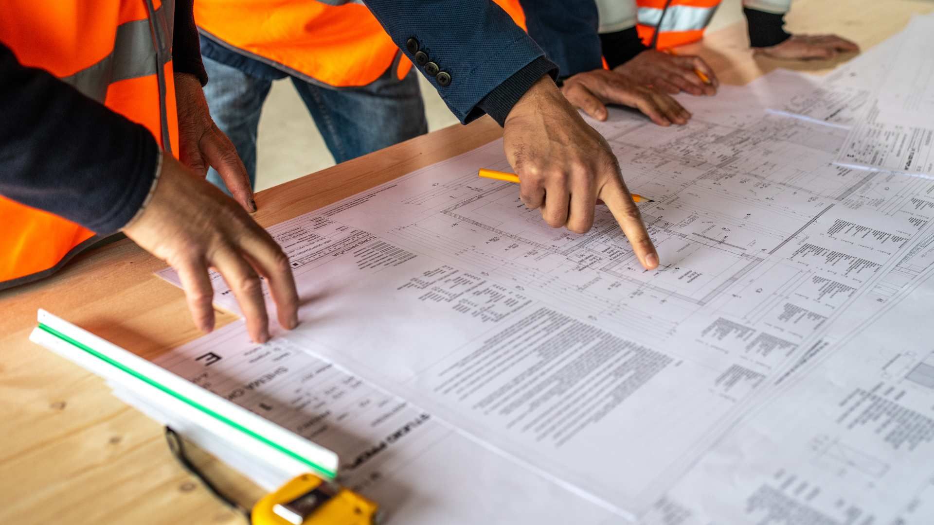 Workers in orange safety vests reviewing large blueprints on a table