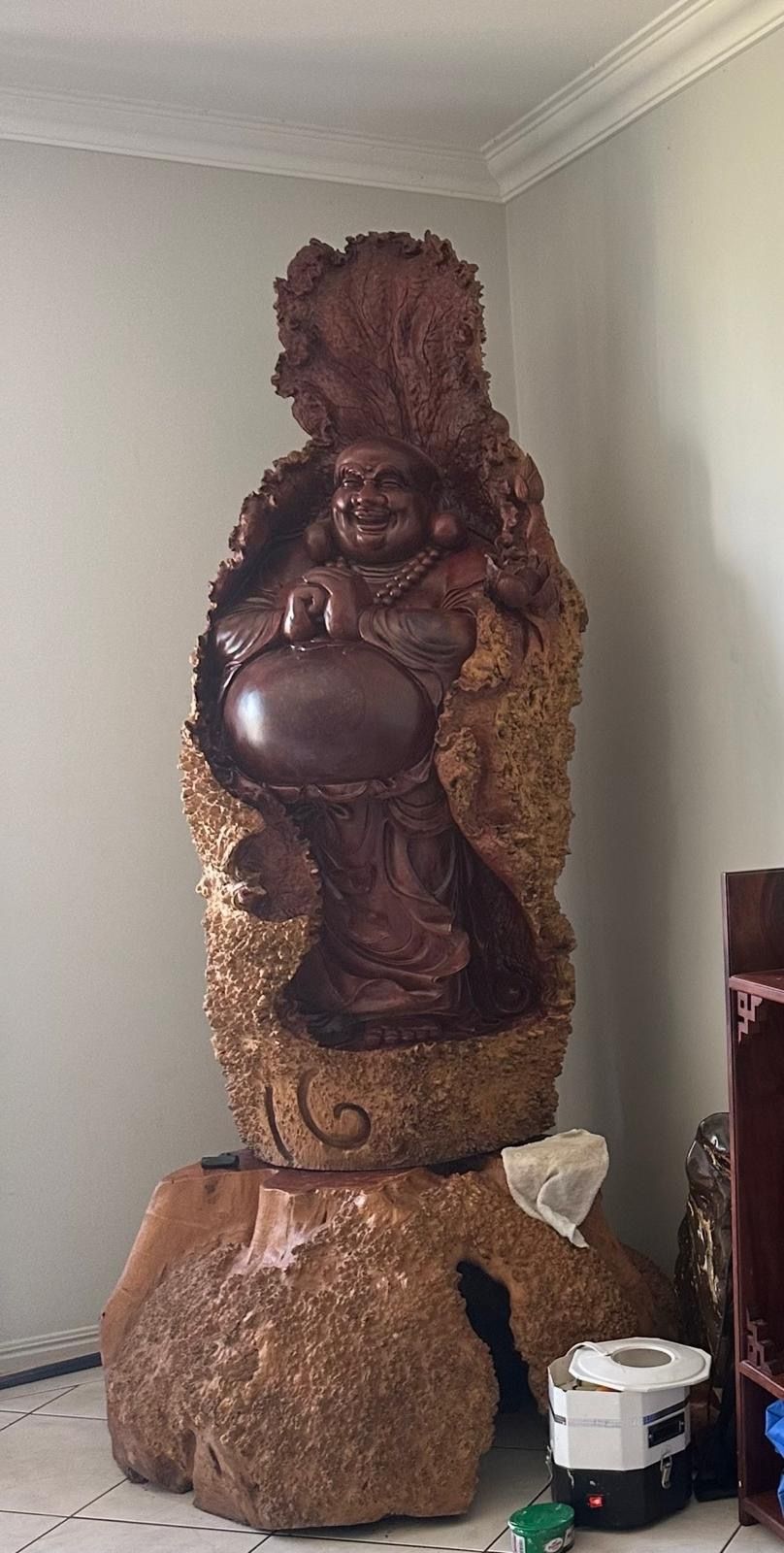 Wooden Laughing Buddha Statue, Carved from Burl Wood — Bundaberg Auction Centre in Gooburrum, QLD