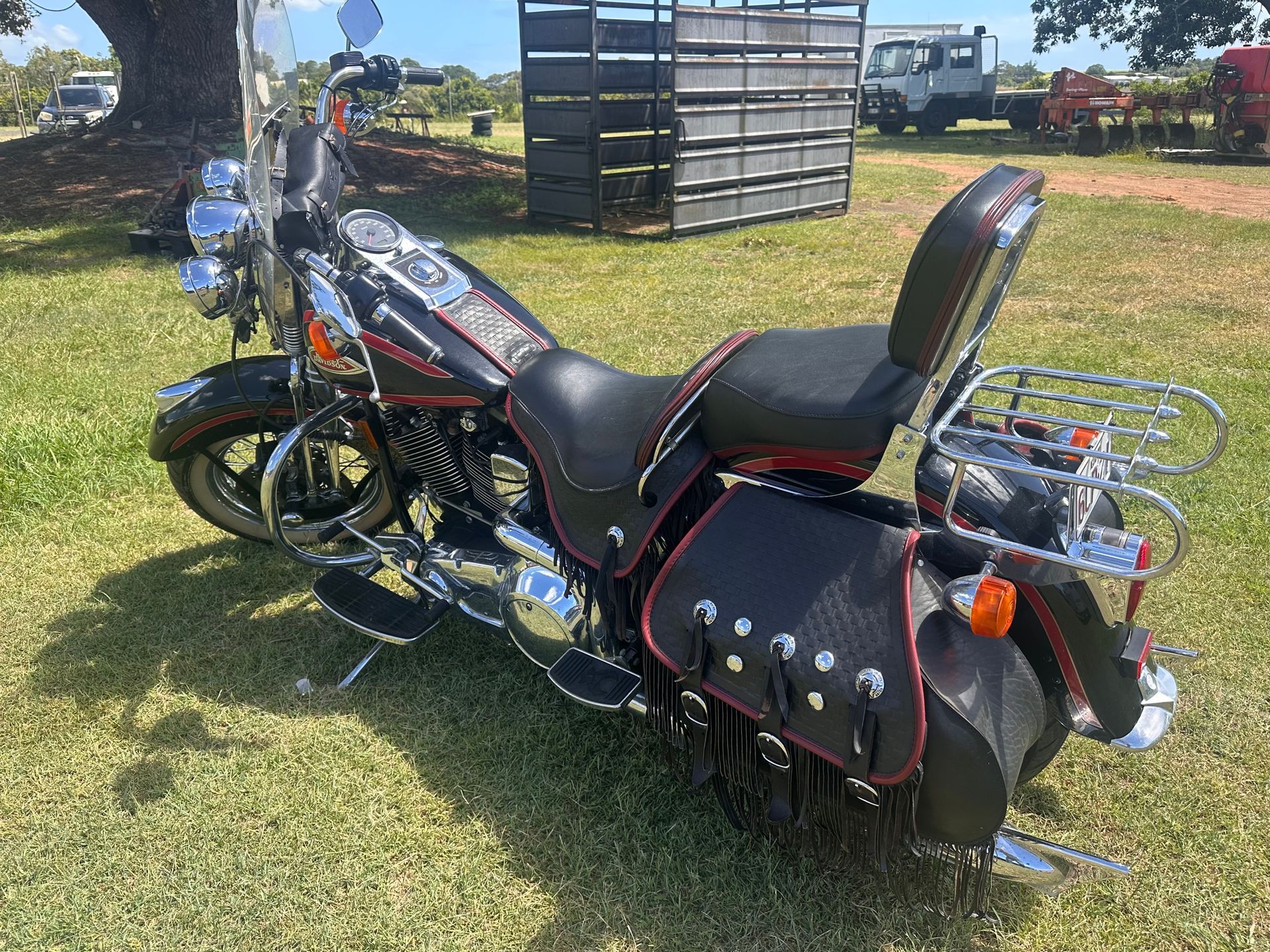 Black and Chrome Harley-Davidson Motorcycle with Studded Saddlebags — Bundaberg Auction Centre in Gooburrum, QLD