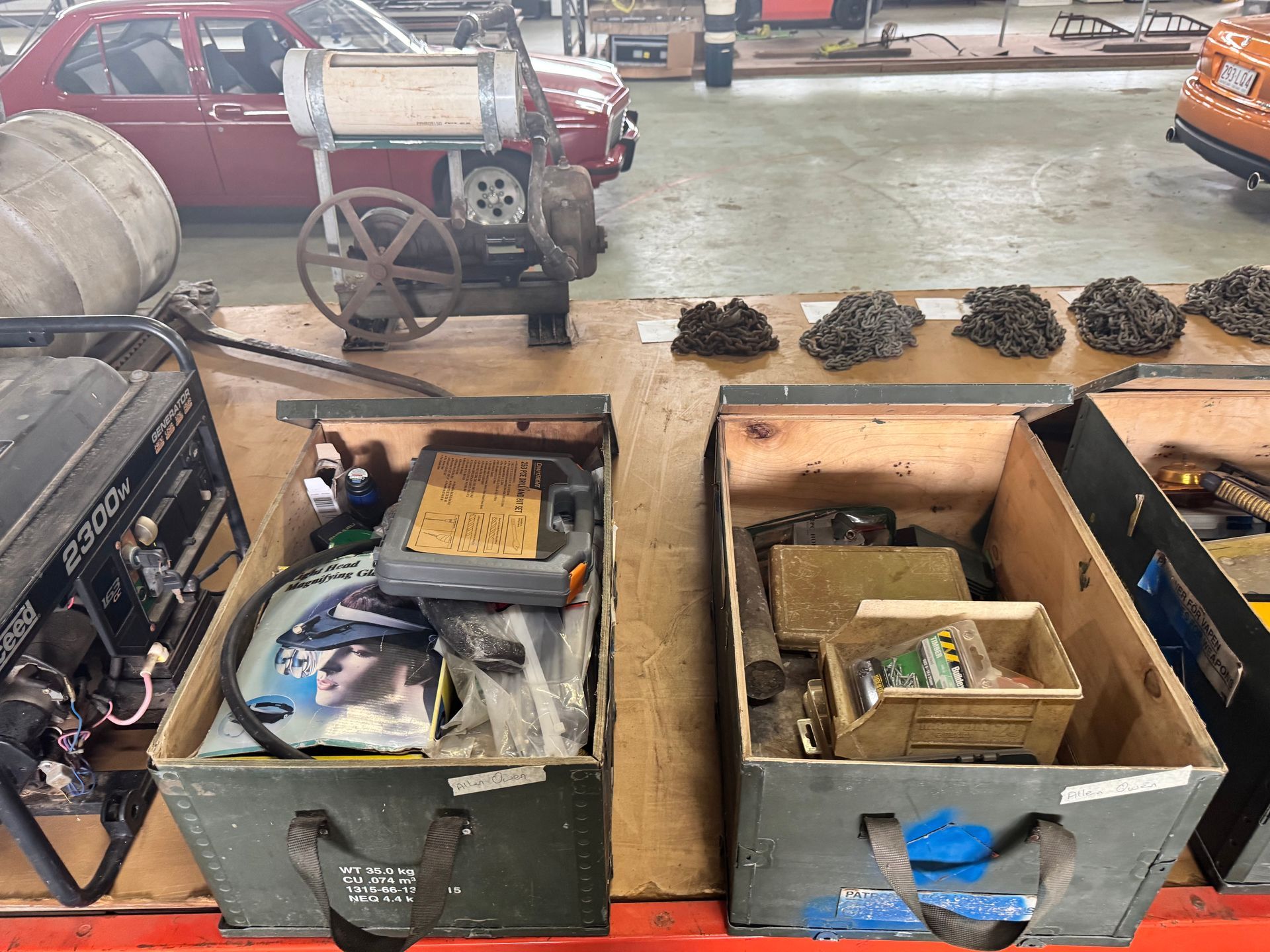 Workshop Scene: Tools, Machine, Boxes with Items on A Table — Bundaberg Auction Centre in Gooburrum, QLD