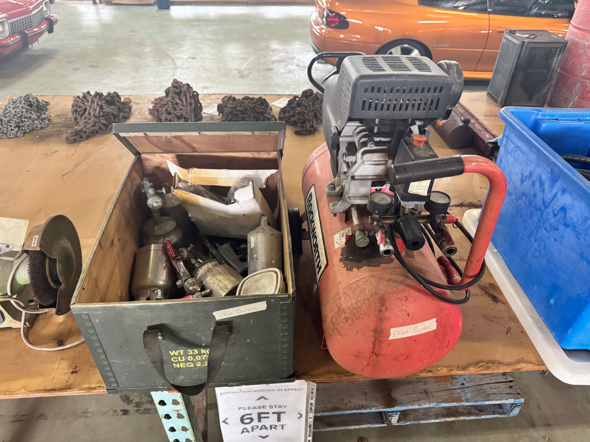 Air Compressor and Toolbox on A Table, with Other Items  — Bundaberg Auction Centre in Gooburrum, QLD