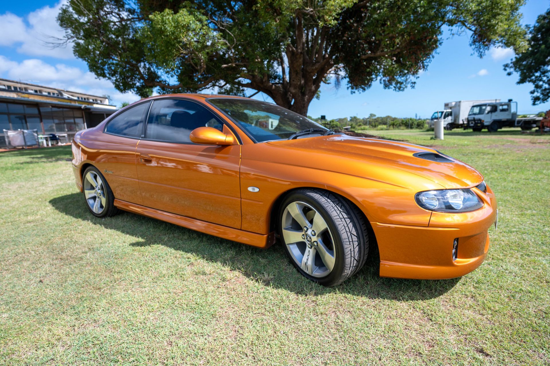 Orange Coupe Car Parked on Grass, Under a Tree — Bundaberg Auction Centre in Gooburrum, QLD