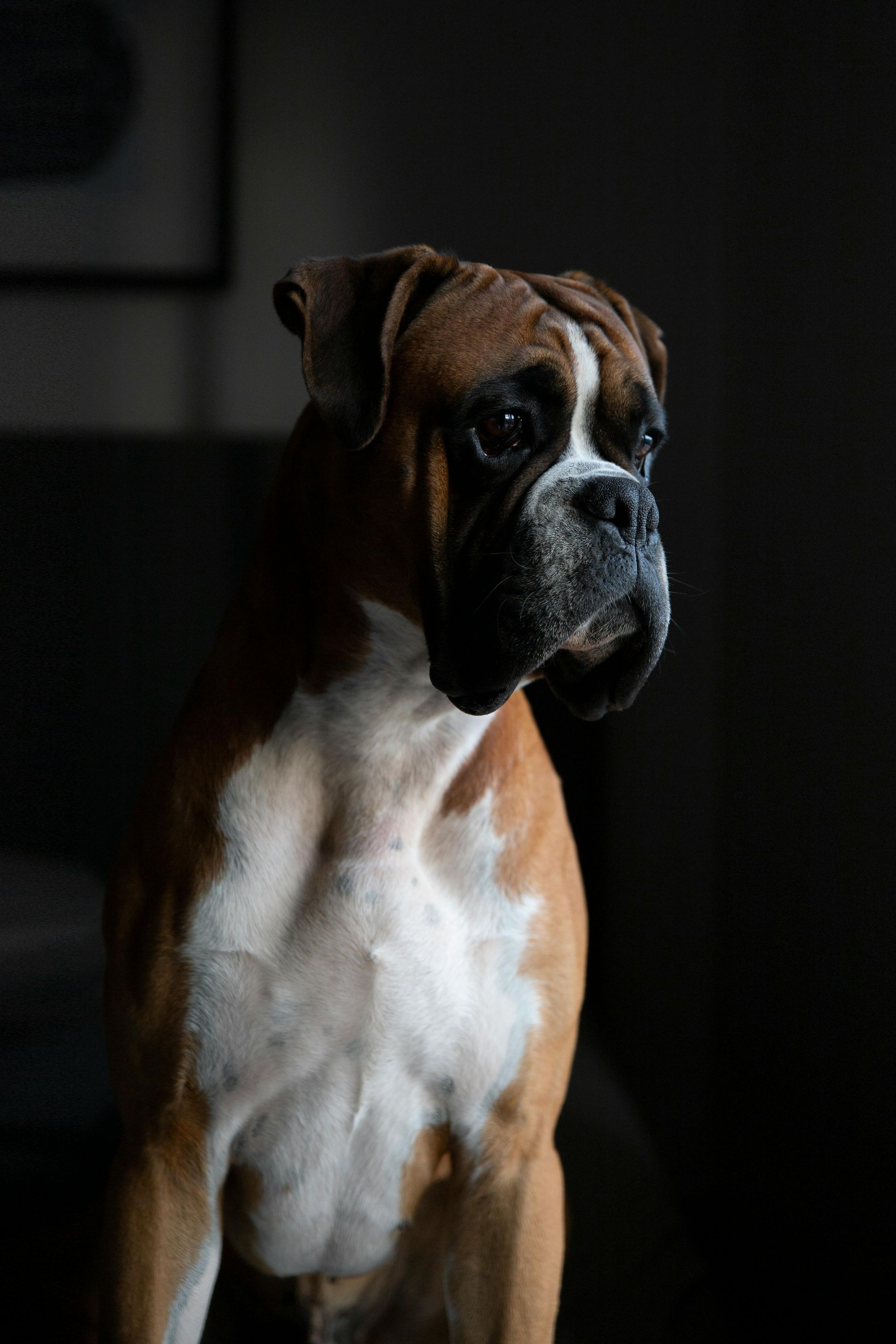 A brown and white boxer dog is sitting in a dark room.