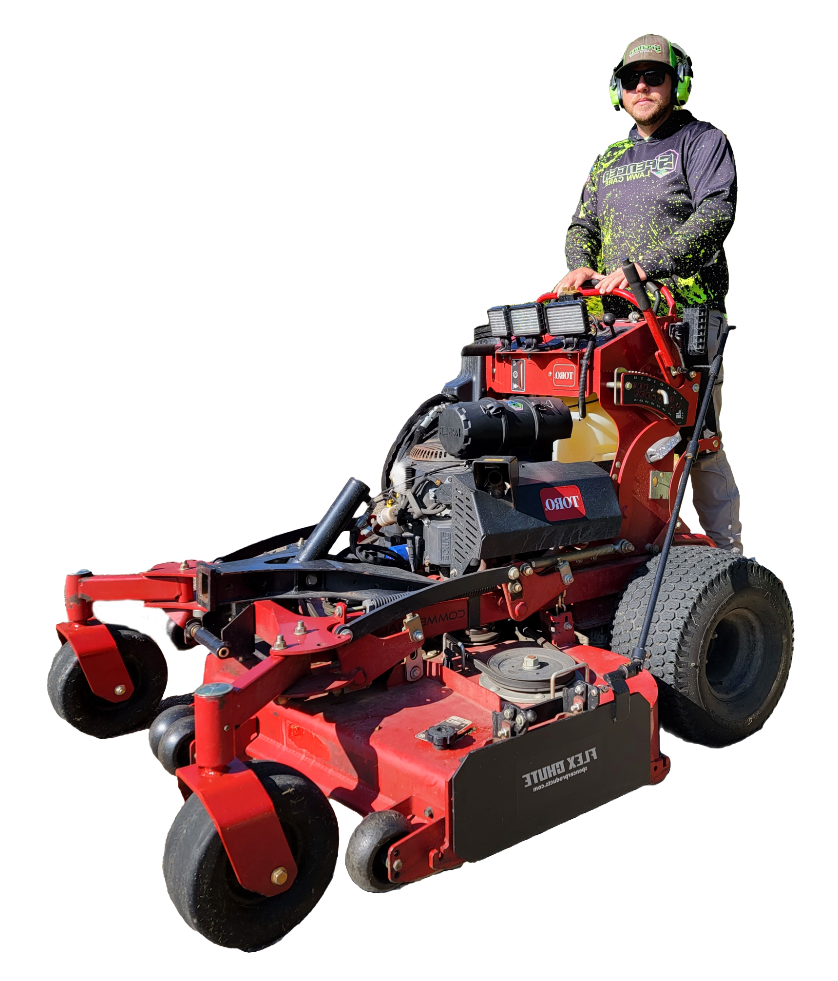 A man is riding a red lawn mower on a white background.