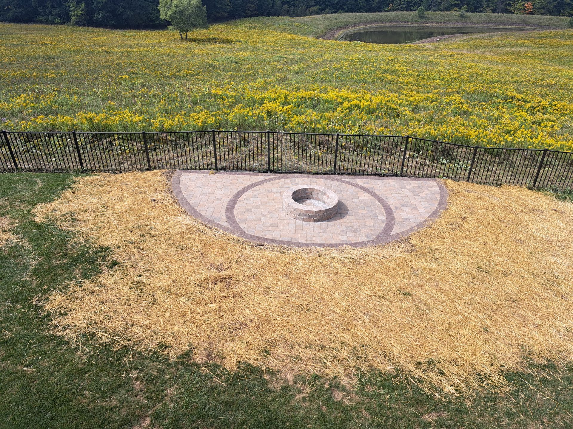 A fire pit area with a decorative fence, surrounded by dry grass and a field of yellow flowers.