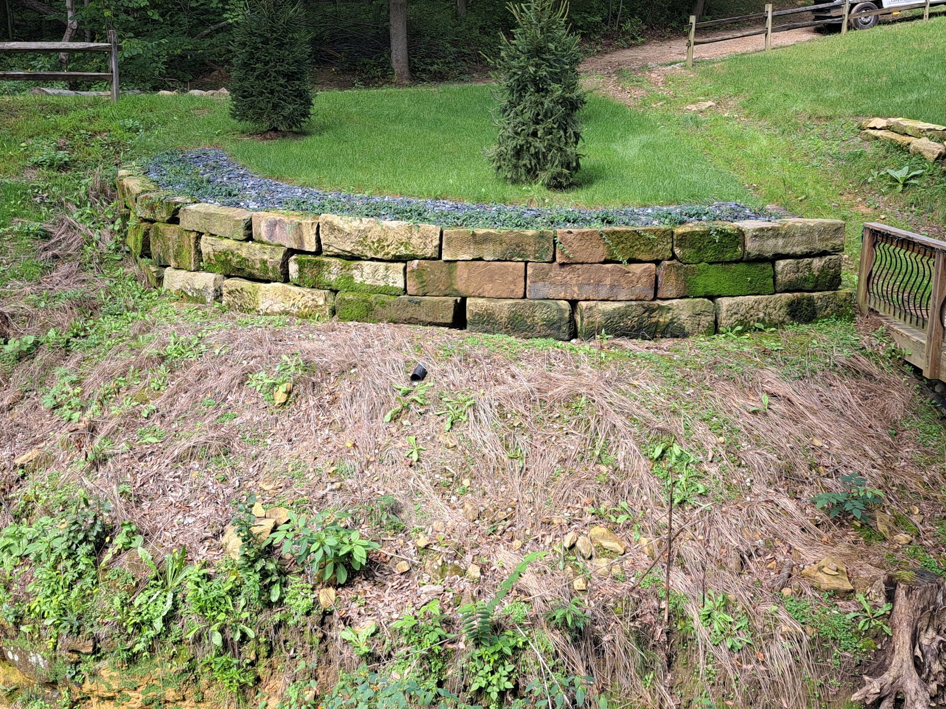 Stone retaining wall with greenery and small trees, next to grass and a wooded area.