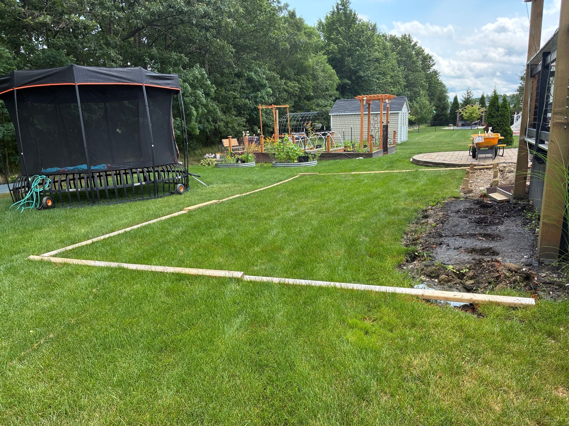 A grassy backyard with a wooden frame outlining a planned area, other garden features in the background.
