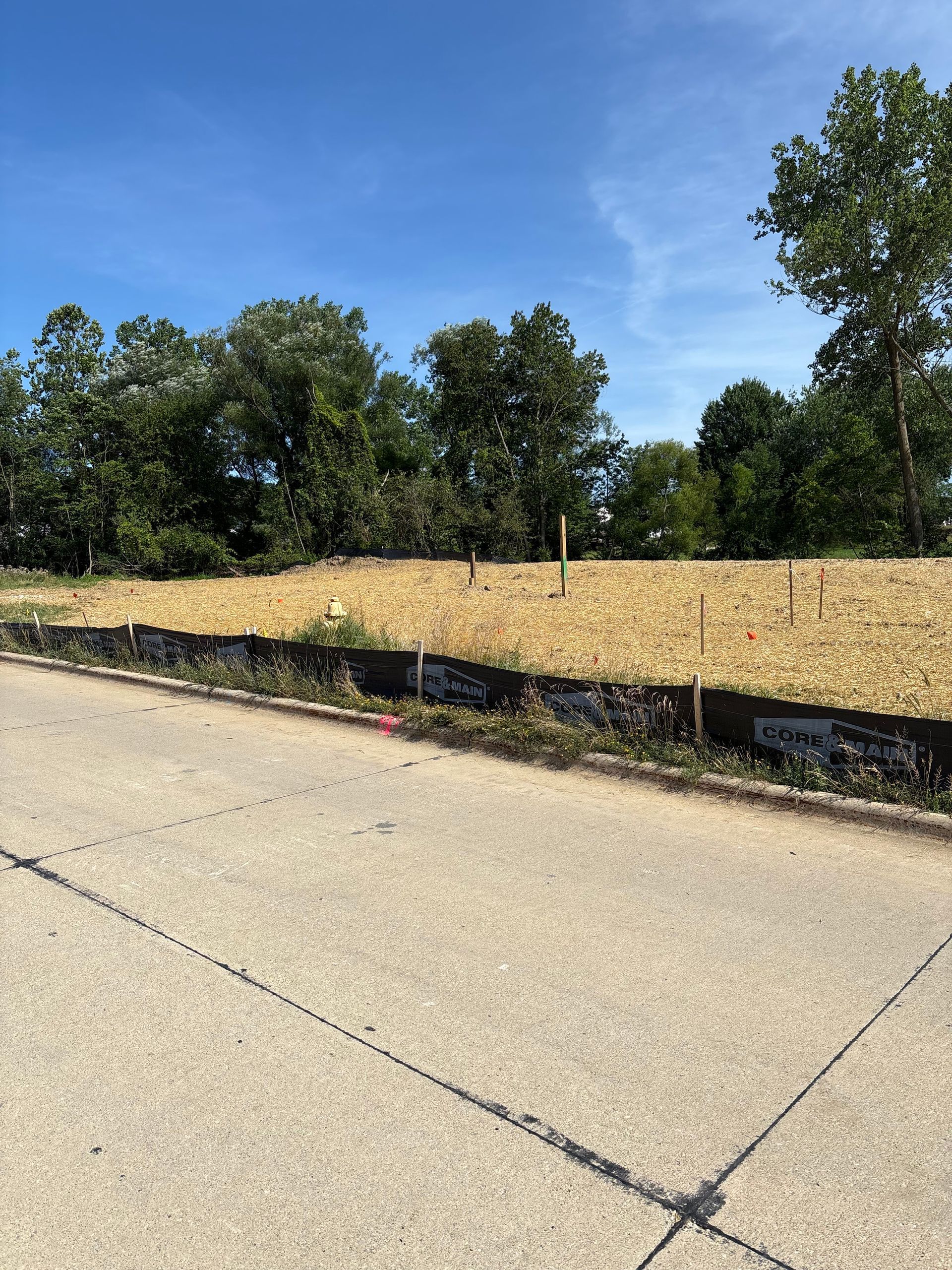 View of a concrete road in front of a graded hillside with straw and trees under a blue sky.