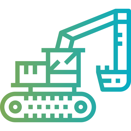 Excavator with a green and blue gradient; tracks on the ground, bucket extended.