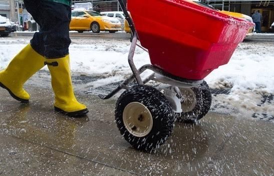 Person in yellow boots spreading salt with a red spreader on a snowy sidewalk.