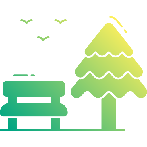 Bench next to a tree in a park with birds in the sky; gradient green and yellow.