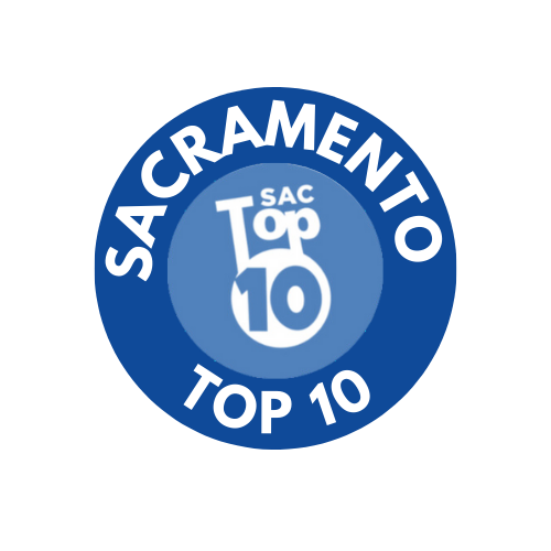 A blue circle with the words sacramento top 10 on it