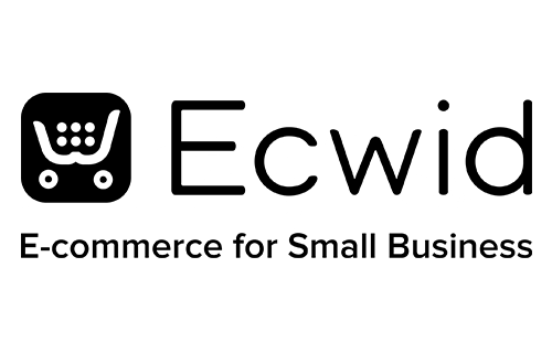 Ein schwarz-weißes Logo für Ecwid E-Commerce für kleine Unternehmen.