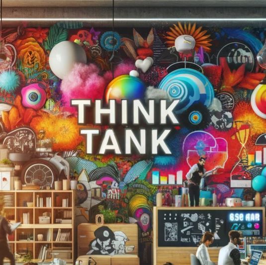 Eine bunte Wand mit der Aufschrift „Think Tank“ darauf