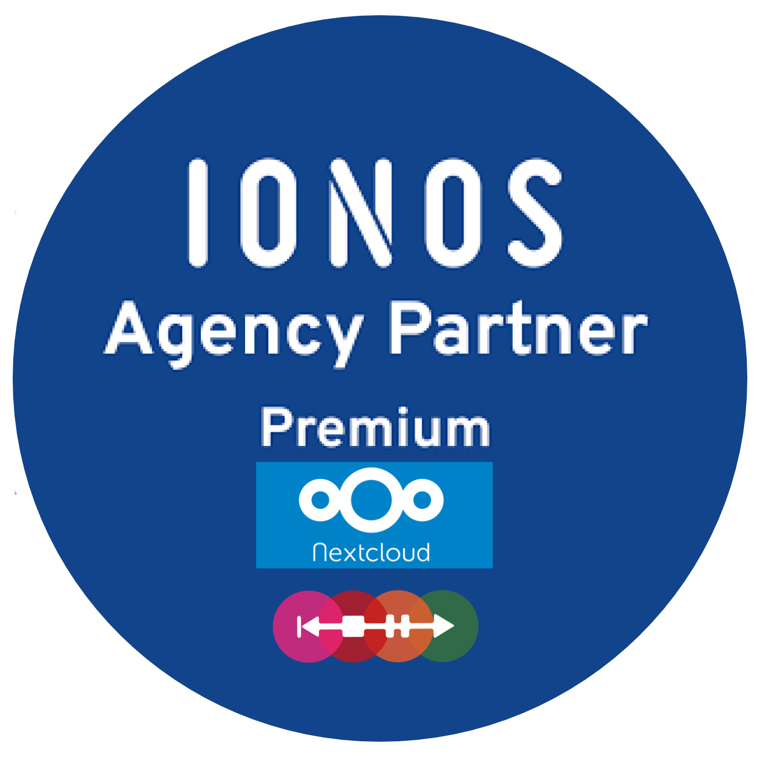 Ein blauer Kreis mit der Aufschrift „Ionos Agenturpartner Premium“