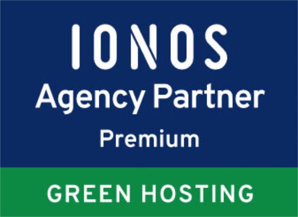 Ein blau-grünes Schild mit der Aufschrift „Ionos Agency Partner Premium Green Hosting“