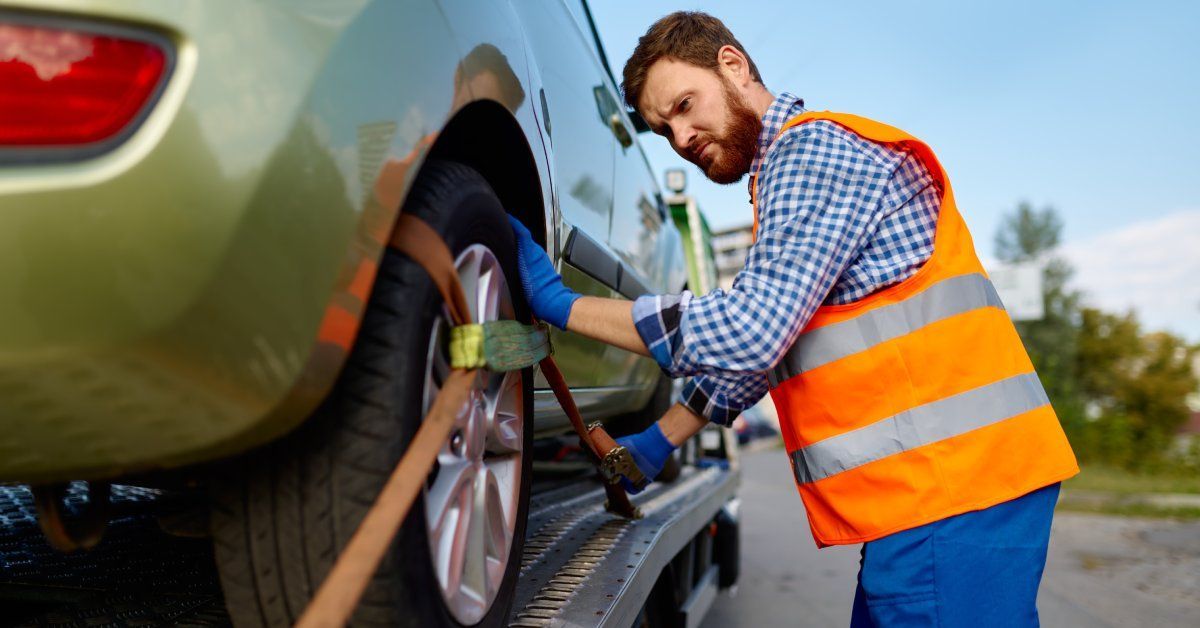 A man in a blue shirt and orange safety vest using straps to secure a green car to a tow truck.