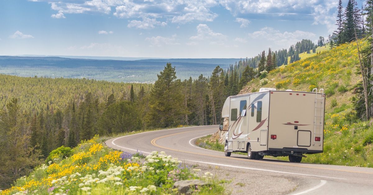 A beige RV with red and white accents driving down an open road surrounded by wildflowers.